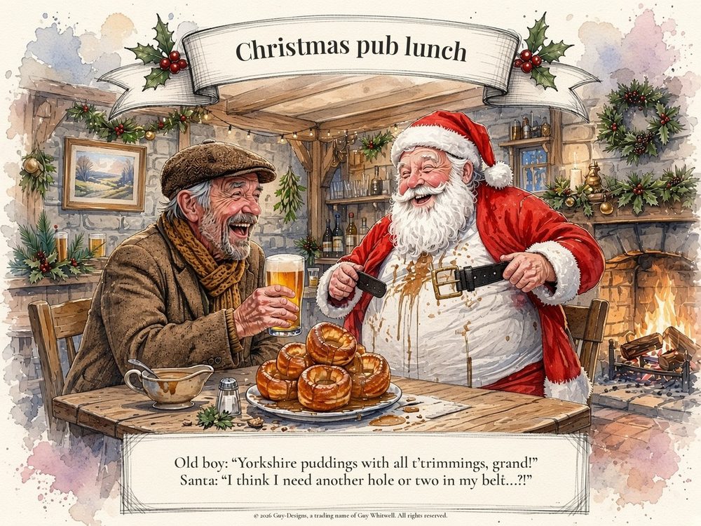 Christmas pub lunch card: Santa and an old boy tuck into Yorkshire puddings with all t' trimmings by the pub fire