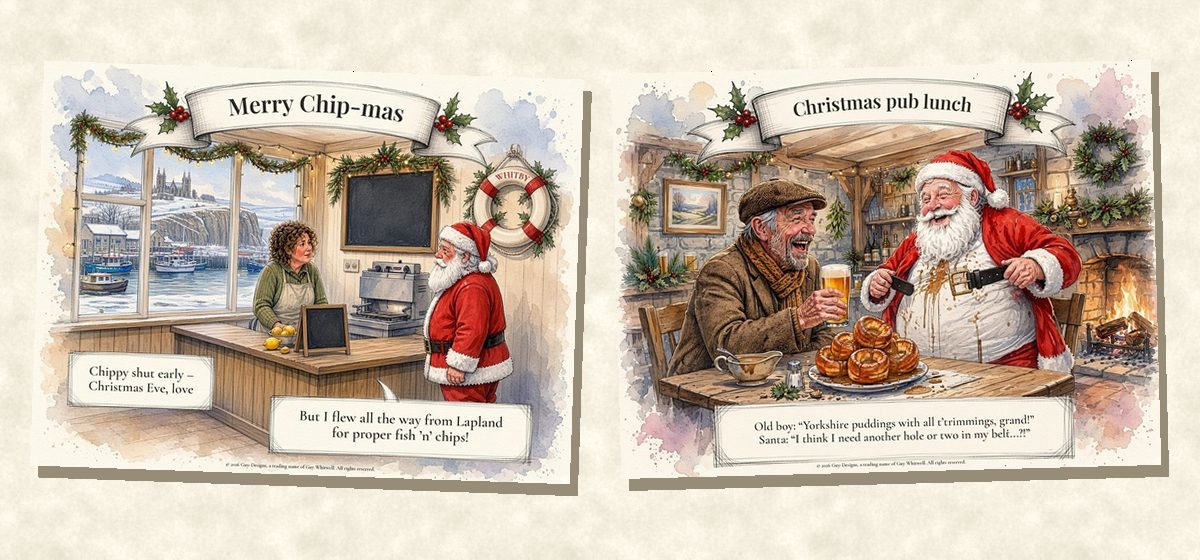 Two Yorkshire Christmas cards side by side: Merry Chip-mas and Christmas Pub Lunch